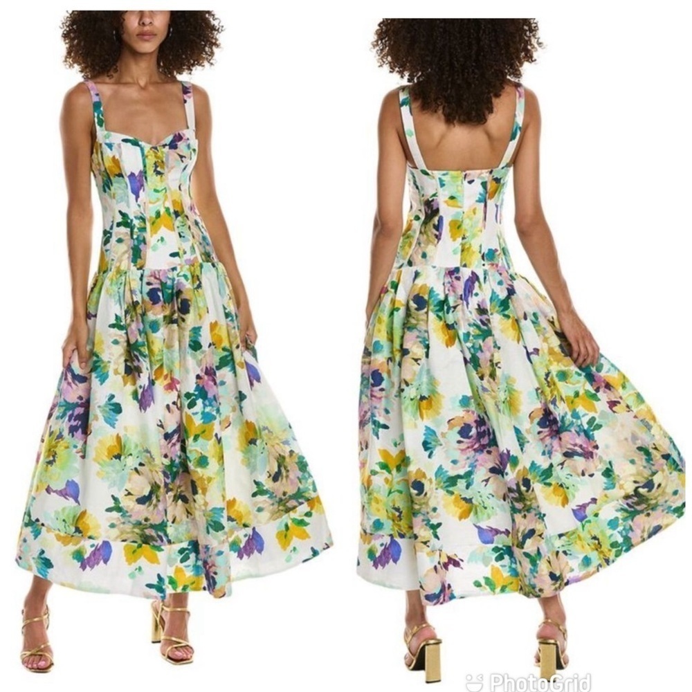 Nicholas Makenna Linen Midi Dress Martos Floral print In White New With Tags!